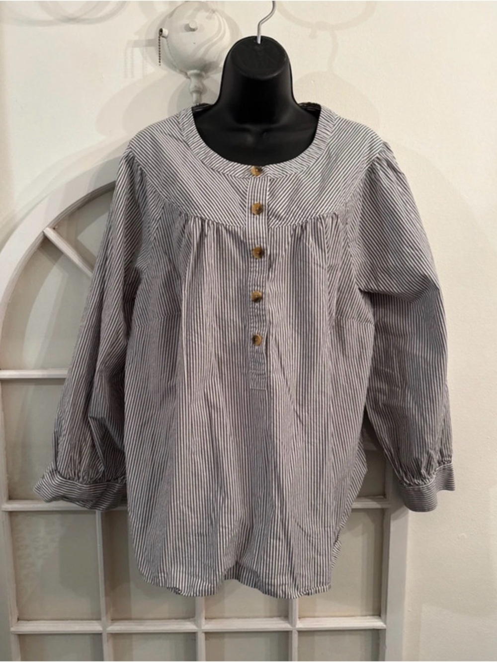 Vertical Stripe Button-Front Blouse in Black and White